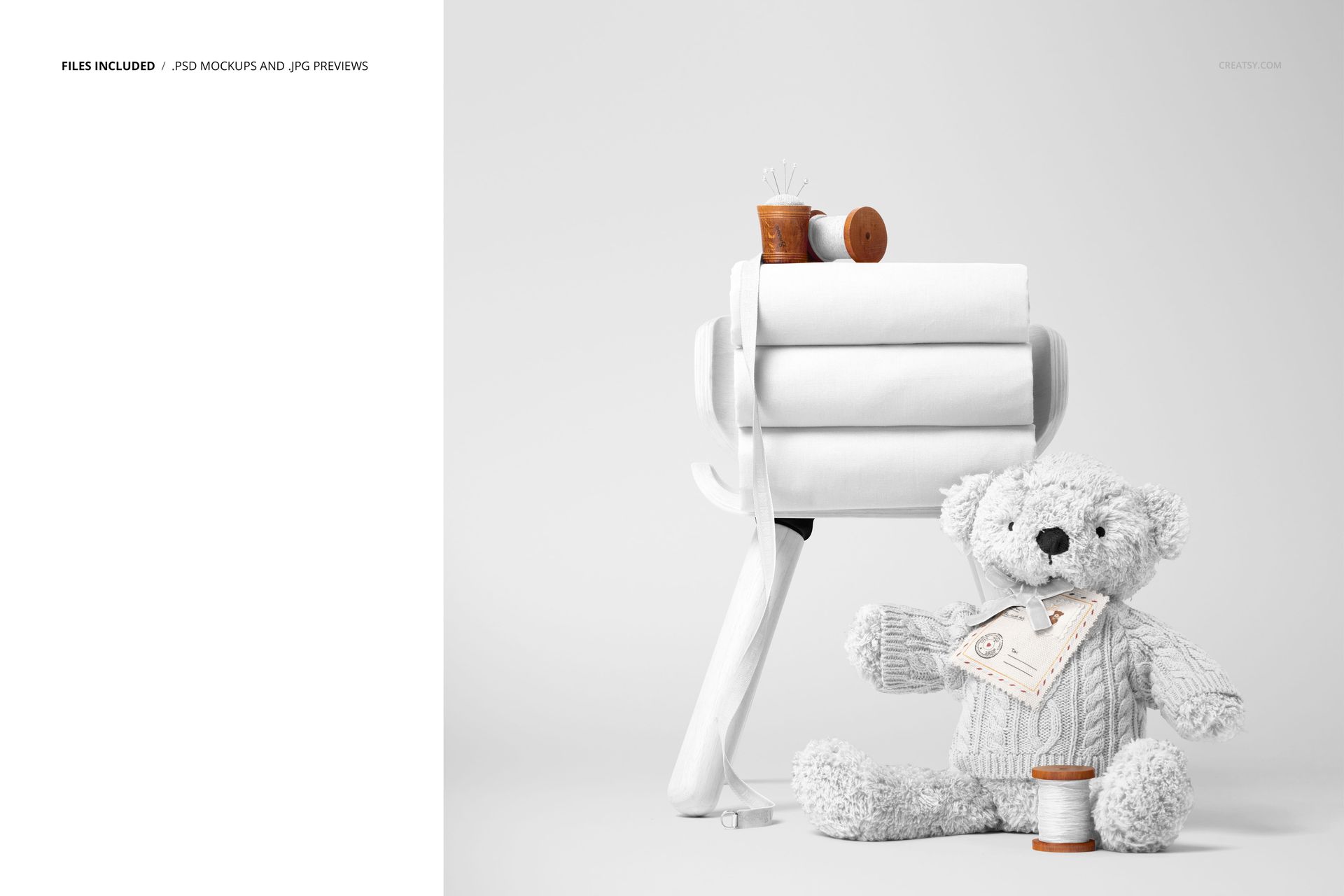 Rolled cotton fabrics arranged on a stand beside a knitted teddy bear, thread spools, and sewing accessories in a mockup scene.