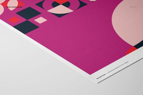 A3 fine art print mockup featuring a close-up angled view of textured paper with geometric shapes in pink, red, navy, and cream.