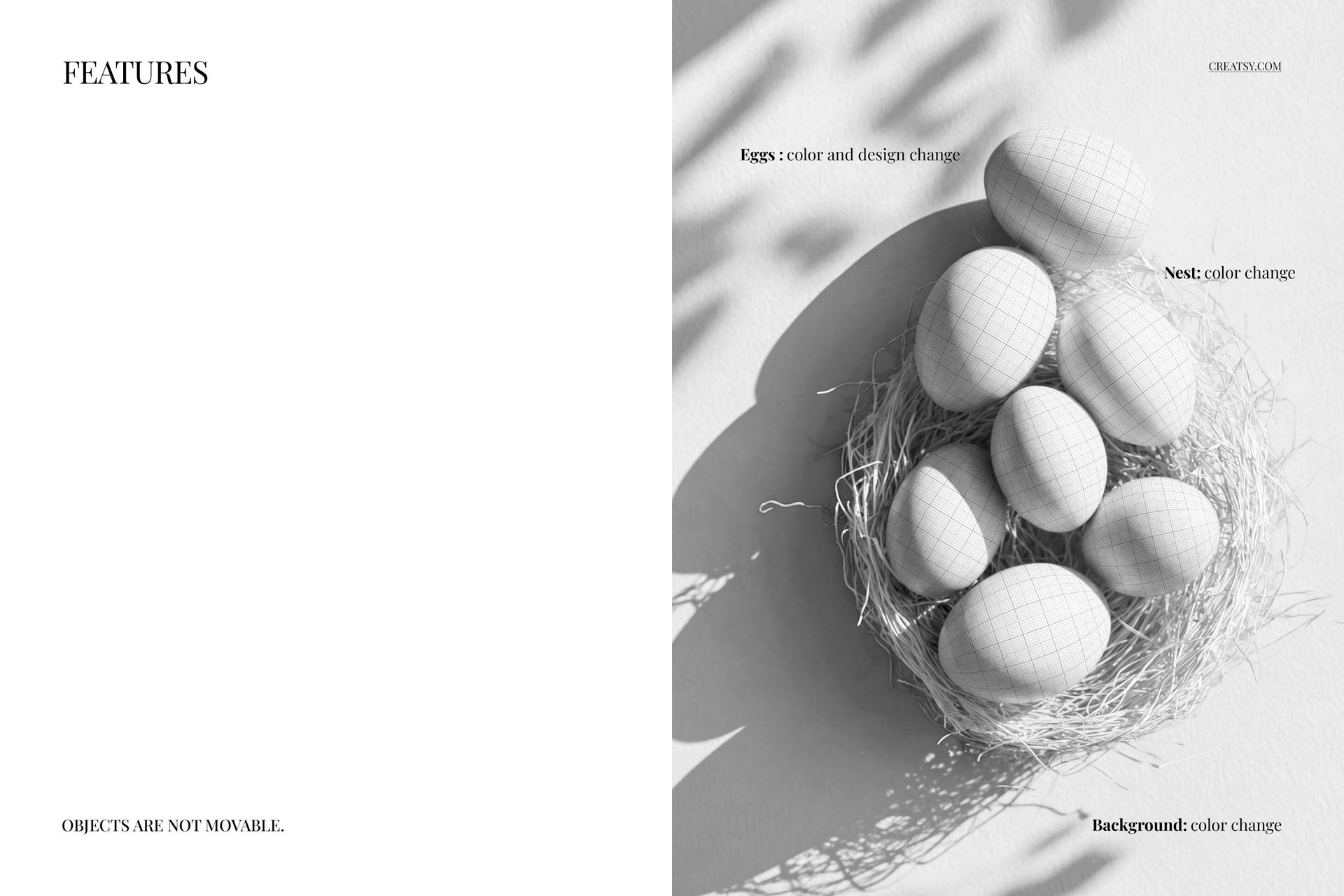 Mockup showing Easter eggs in a straw nest, overhead perspective, surrounded by a bright and simple backdrop.
