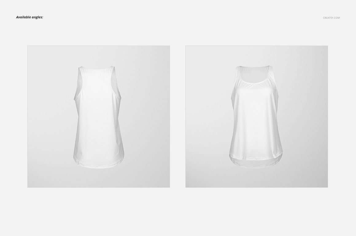 White women's tank top mockup shown from two angles, featuring a rounded hem and sleeveless design on plain background.