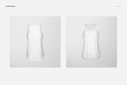 White women's tank top mockup shown from two angles, featuring a rounded hem and sleeveless design on plain background.