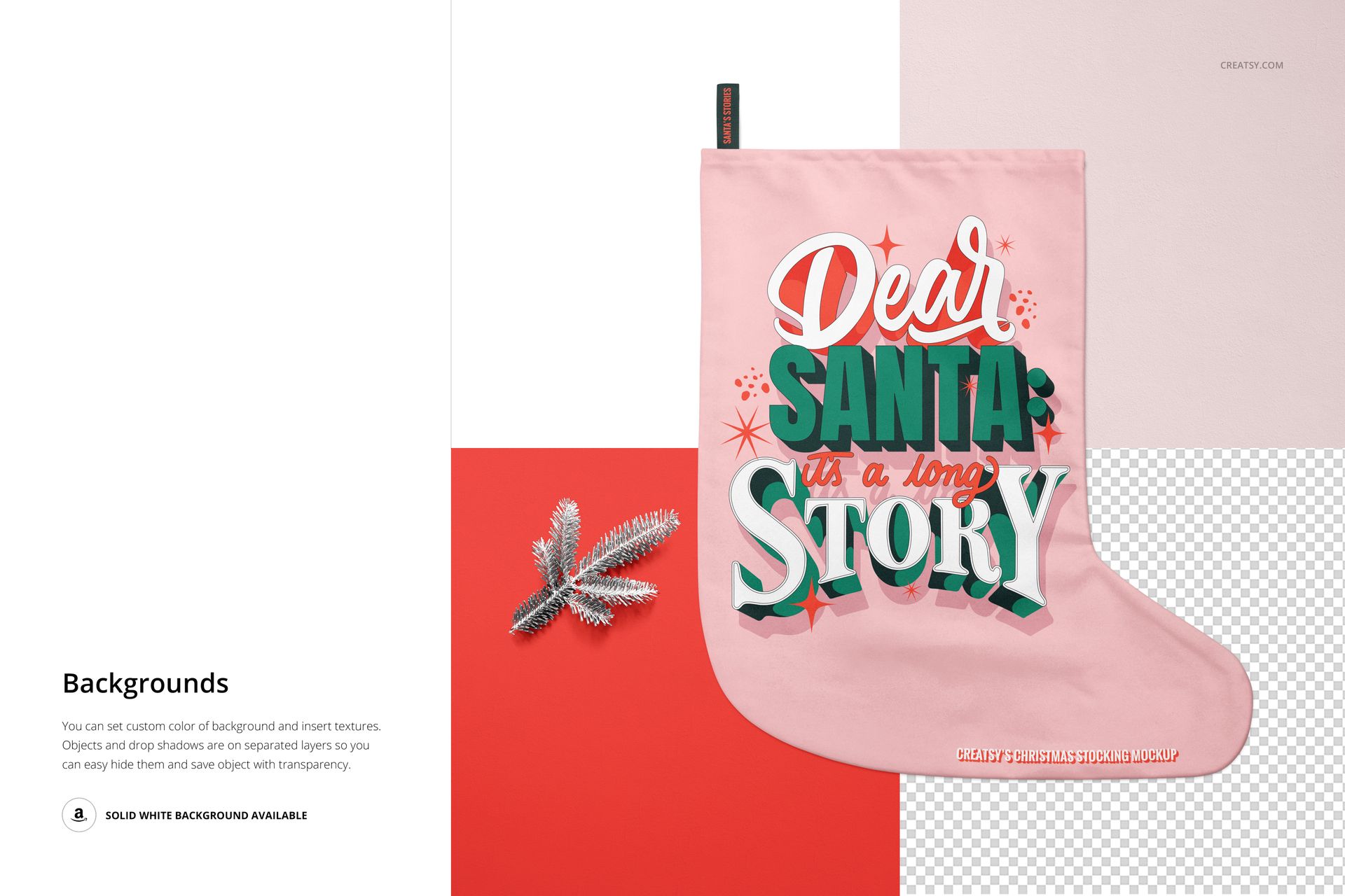 Christmas stocking mockup in pale pink with festive lettering, shown from top view on a color-block background with pine twig.