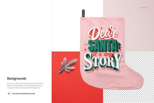 Christmas stocking mockup in pale pink with festive lettering, shown from top view on a color-block background with pine twig.