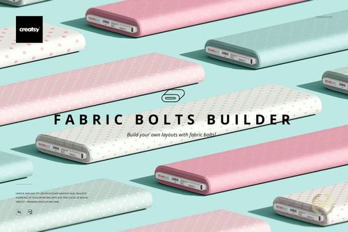 Pastel-colored fabric bolts featuring polka dots, shown in a PSD mockup layout on a light blue tabletop.