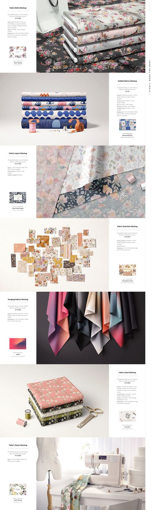 Fabric Factory v.6 PSD mockup bundle with multiple fabric types in different arrangements and patterns, tailor room props included.