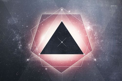 PSD mockup of a poster with a central black triangle, layered hexagons, and a cosmic gradient background in pink and gray tones.