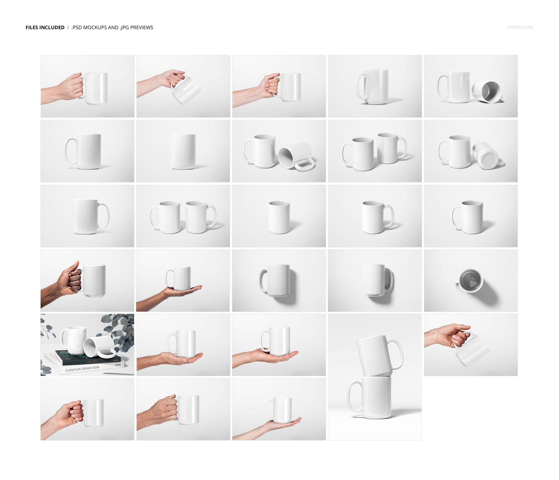 PSD mockup set showing white 15oz mugs in different orientations, including held, stacked, and lying flat.