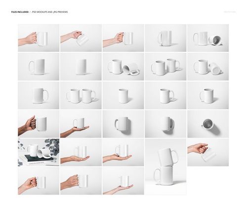 PSD mockup set showing white 15oz mugs in different orientations, including held, stacked, and lying flat.