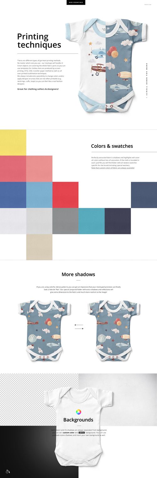 Baby short sleeve bodysuit mockup set featuring front views of bodysuits with playful patterns and color swatches.