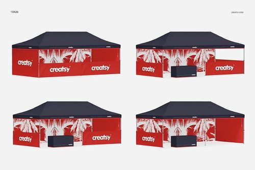 Pop-up tent PSD mockup pack with different sizes, each tent has red panels and tropical palm leaf graphics.