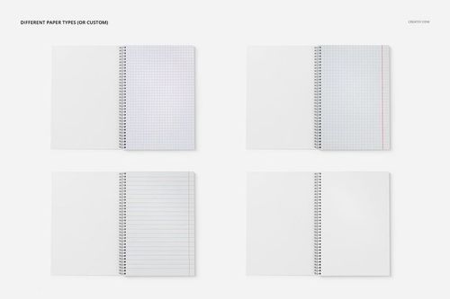 A4 spiral notebook mockup set with square holes, showing four open notebooks with various paper types on a white background.