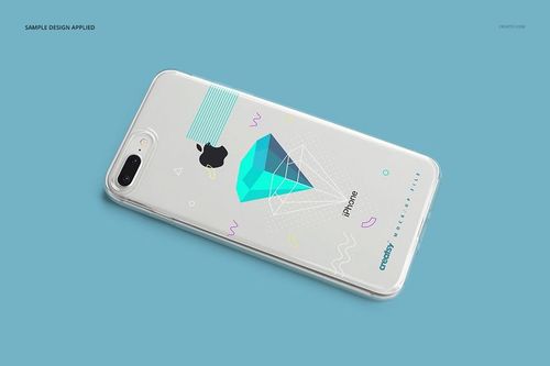 PSD mockup of a transparent iPhone 8 Plus case featuring abstract shapes and lines, displayed on a solid blue background.