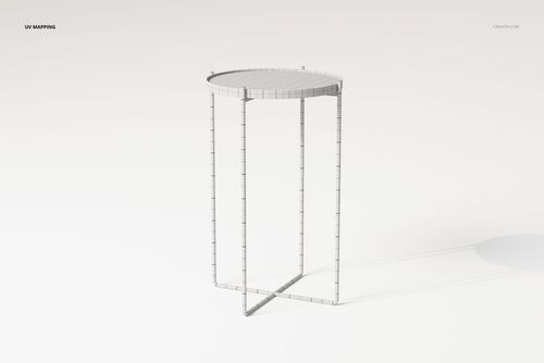 Round metal tray table 3D model shown in a wireframe view, featuring a circular top and slender legs on a plain background.