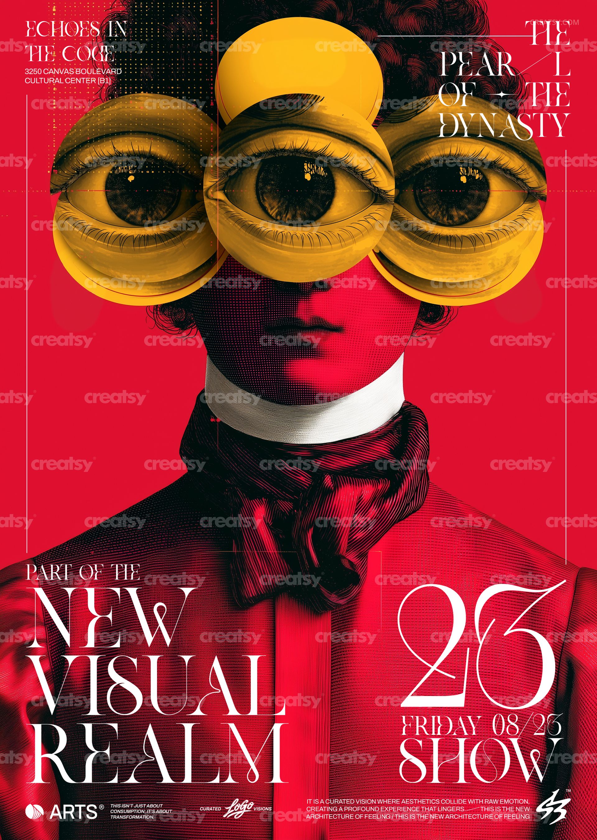 PSD mockup poster showing a stylized portrait with yellow abstract shapes covering the eyes, bold red color scheme.