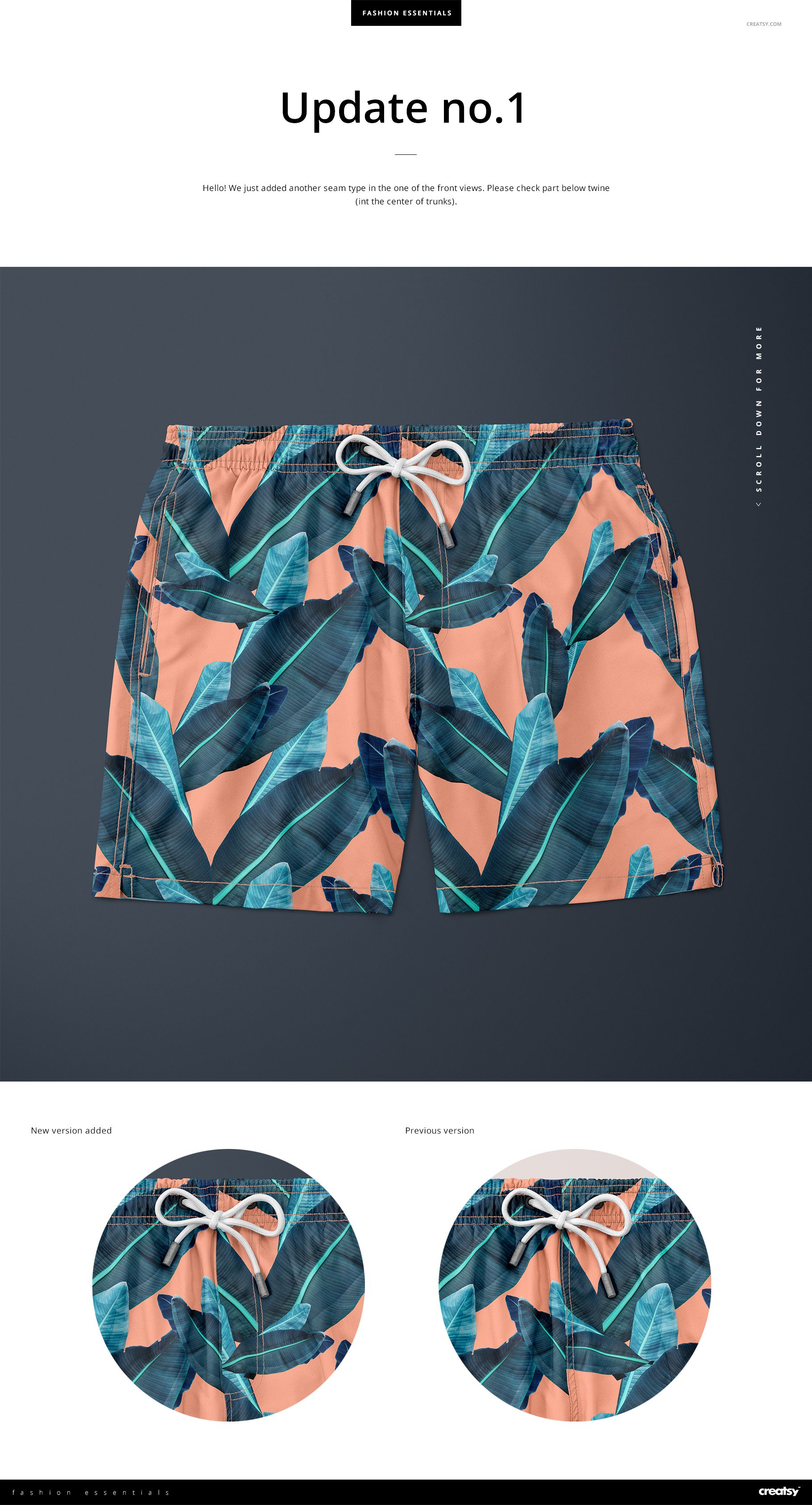 Front view of men's swim trunks mockup featuring teal and green banana leaves on a peach-colored fabric.
