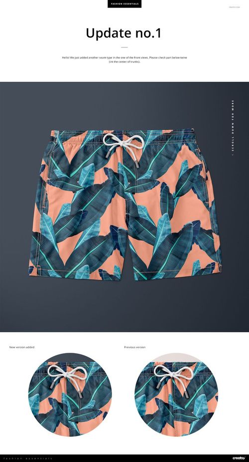 Front view of men's swim trunks mockup featuring teal and green banana leaves on a peach-colored fabric.