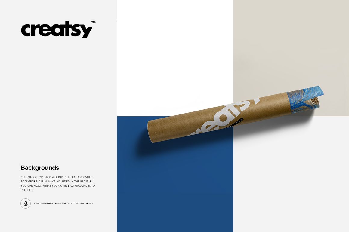Rolled mailing tube mockup featuring brown paper and blue accent, positioned diagonally on color-blocked surface.