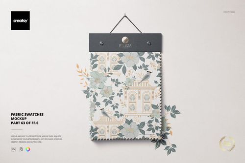 Front view of a fabric swatch mockup with a floral and architectural pattern in muted green, blue, and beige tones.