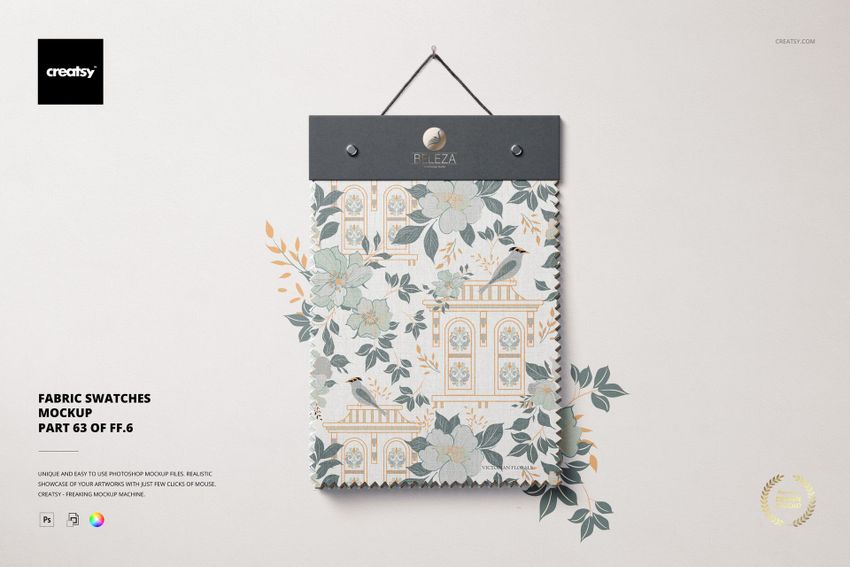 Front view of a fabric swatch mockup with a floral and architectural pattern in muted green, blue, and beige tones.