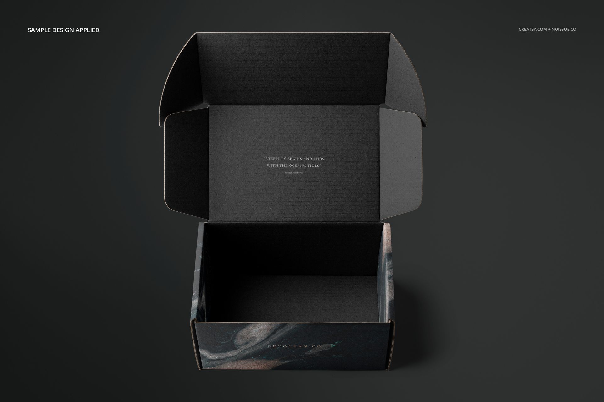 Top view of an open mailing box mockup with black and gray marbled design, lid raised, on a neutral background.