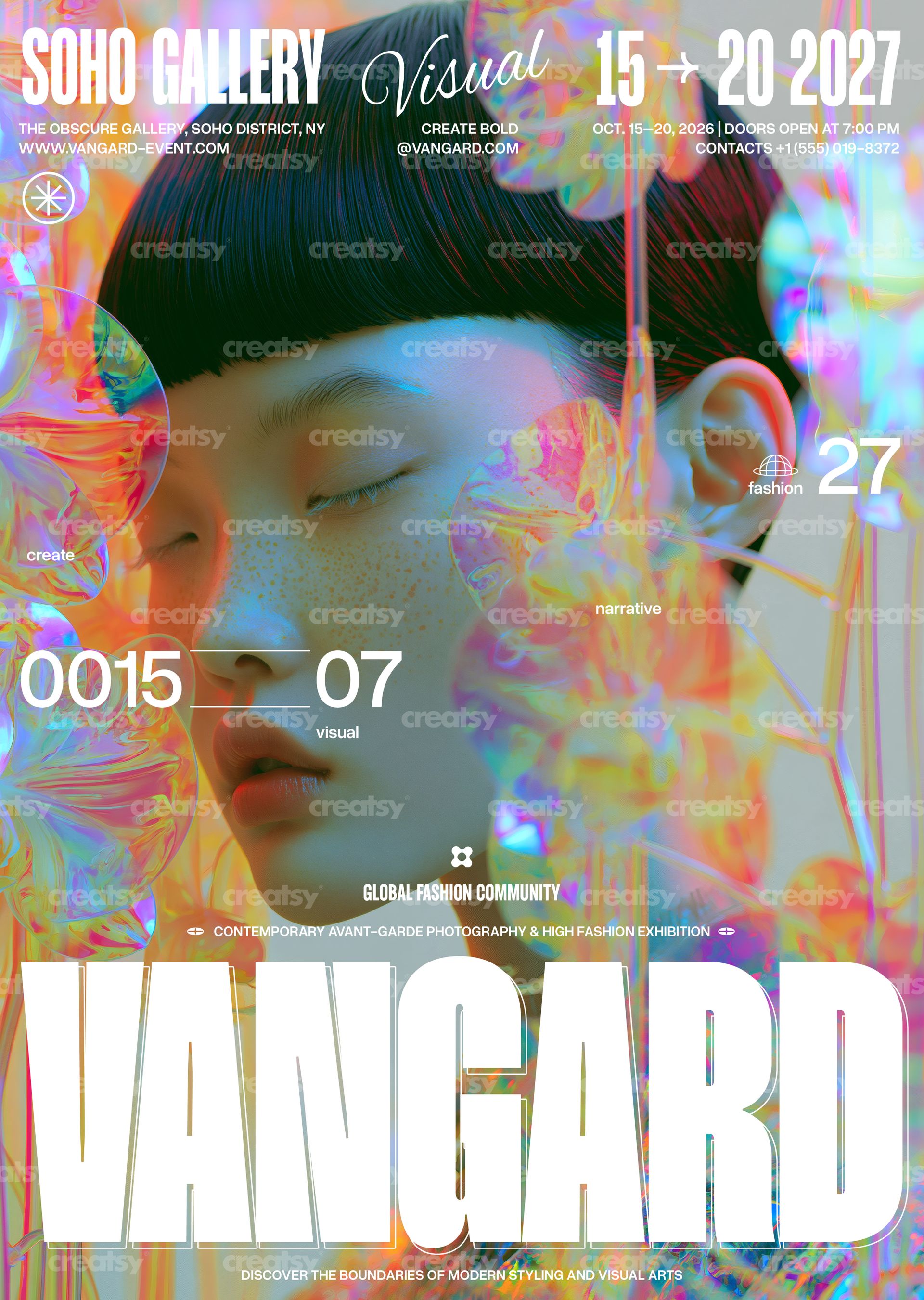 PSD mockup of a visual arts poster with vibrant iridescent patterns, large VANGARD text, and gallery event details.