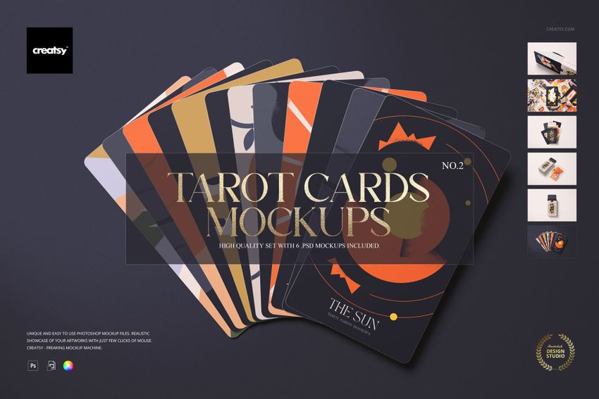 Fan arrangement of tarot cards with geometric and abstract patterns, displayed on a dark background with mockup details.