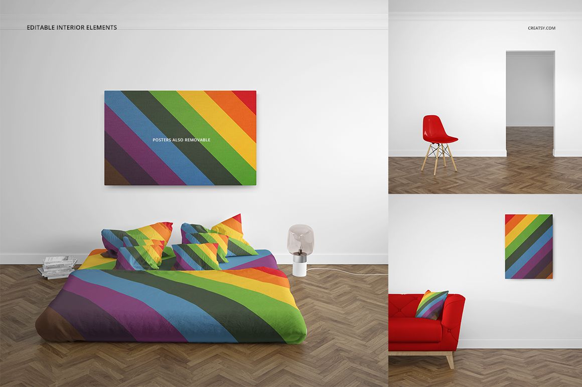 PSD mockup showing a modern interior with a rainbow bed set, wall art, and parquet flooring in a bright room.