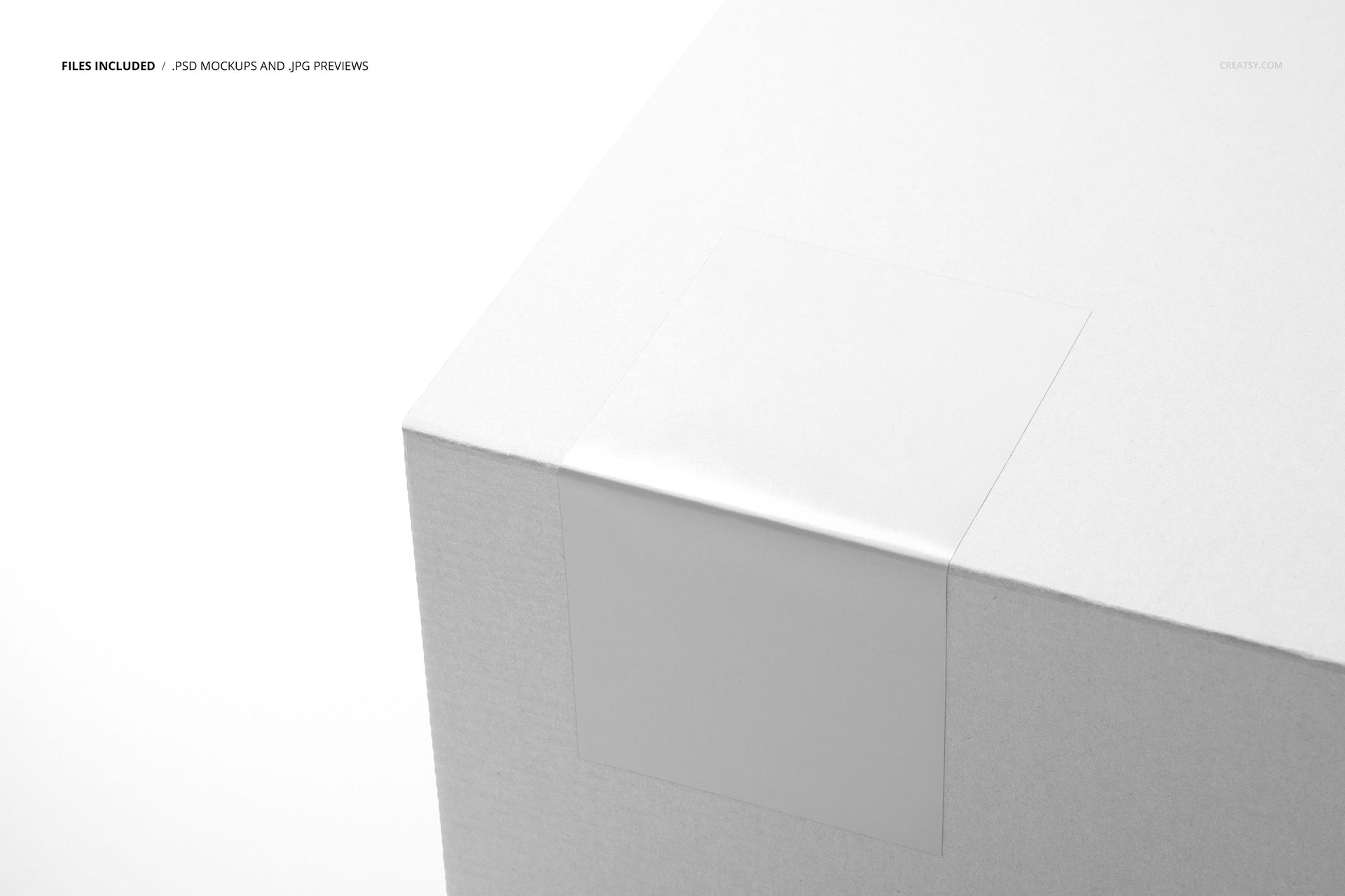 PSD mockup of a mailing box with a blank square sticker placed on the top corner, minimalist white setting.