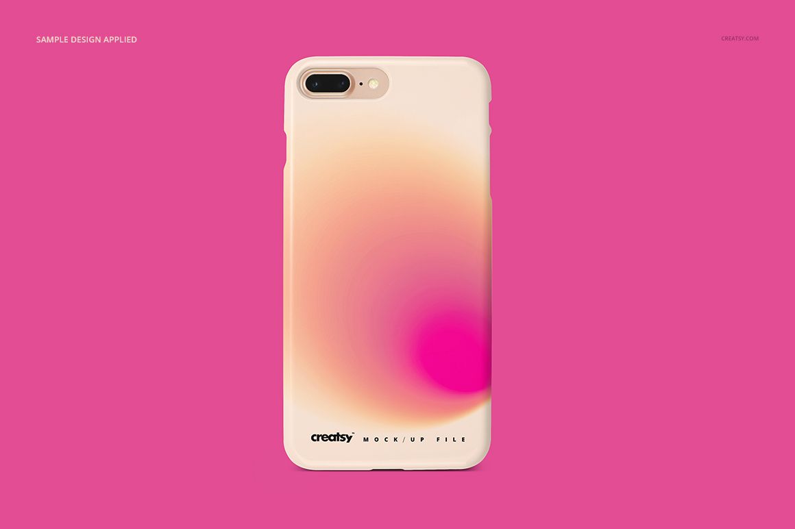 Front view of an iPhone 7+ or 8+ plastic case mockup featuring a smooth gradient design in light peach and magenta tones.