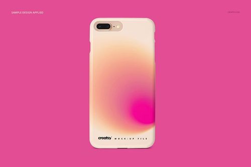 Front view of an iPhone 7+ or 8+ plastic case mockup featuring a smooth gradient design in light peach and magenta tones.