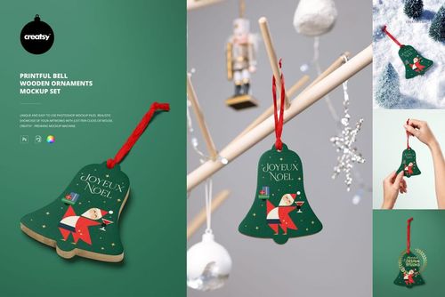 Green bell-shaped wooden ornament with red string, featuring festive Christmas design, shown in various mockup scenes.