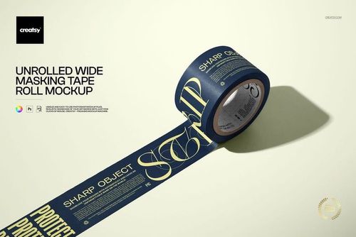 Front view of an unrolled masking tape roll mockup with navy blue tape and large yellow text design.