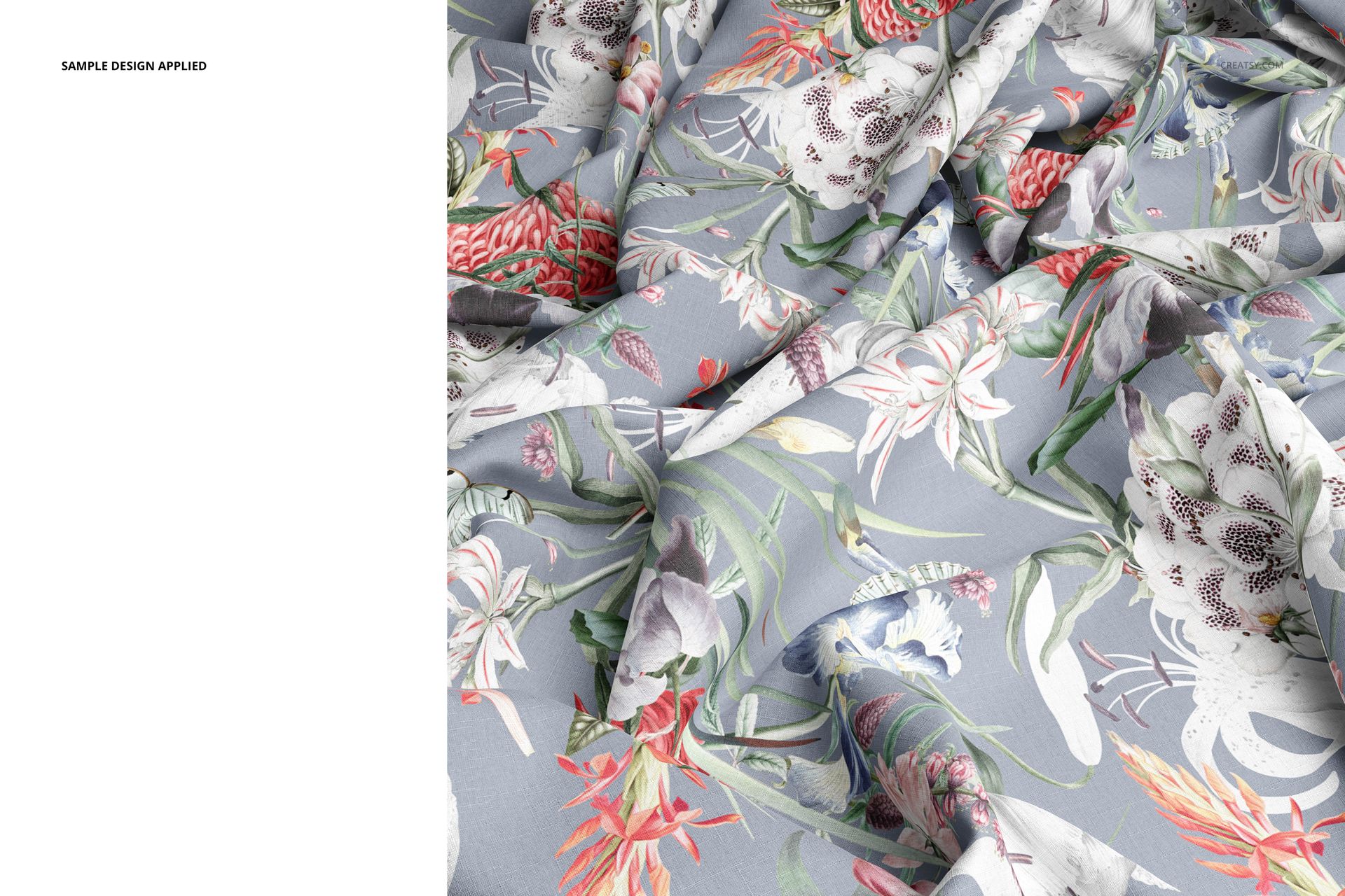 Detailed cotton fabric mockup featuring draped material with colorful flowers and green leaves on a gray surface.