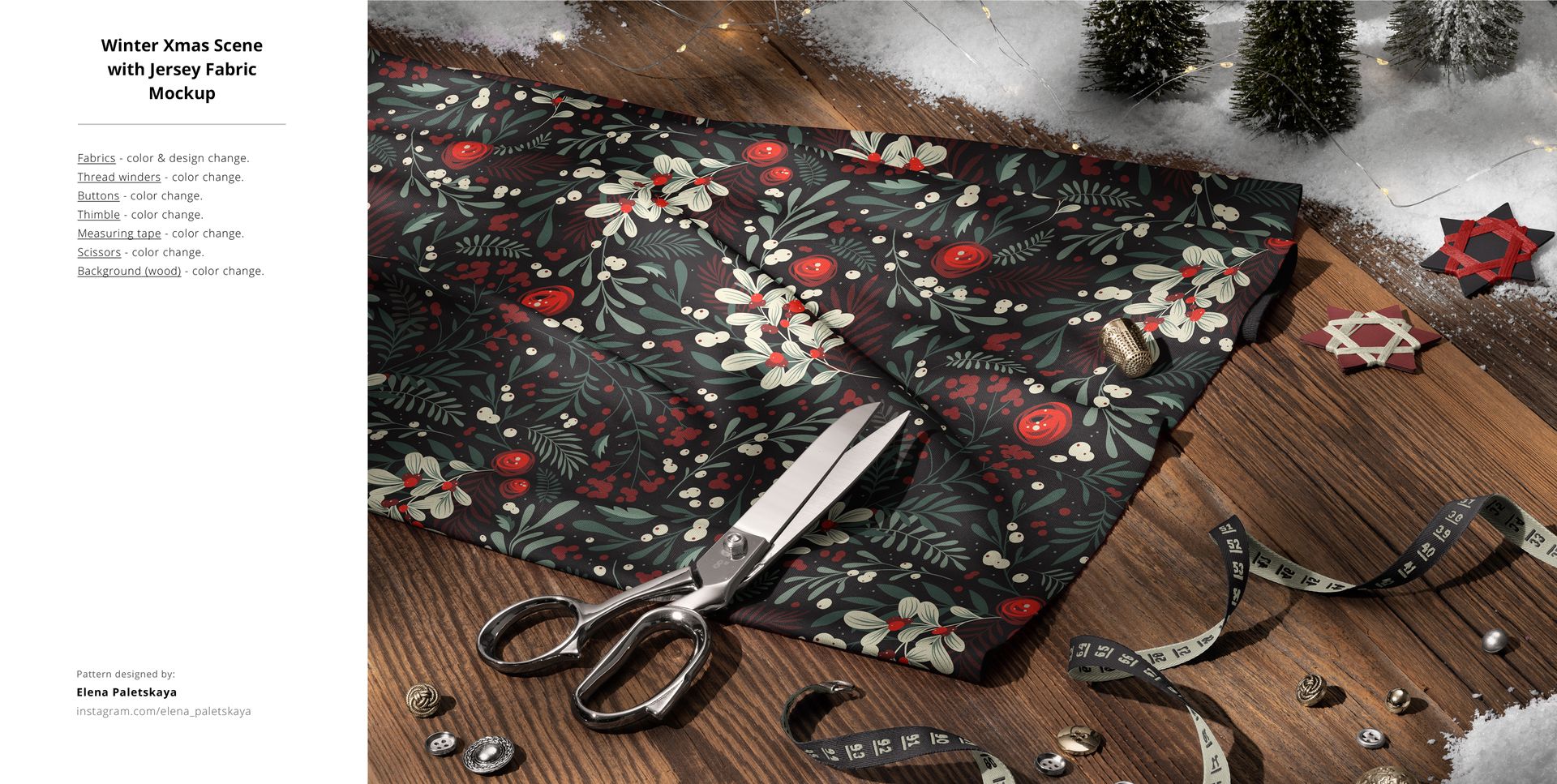 Top view of patterned jersey fabric mockup with scissors, pine trees, and Christmas decorations on a wooden table.