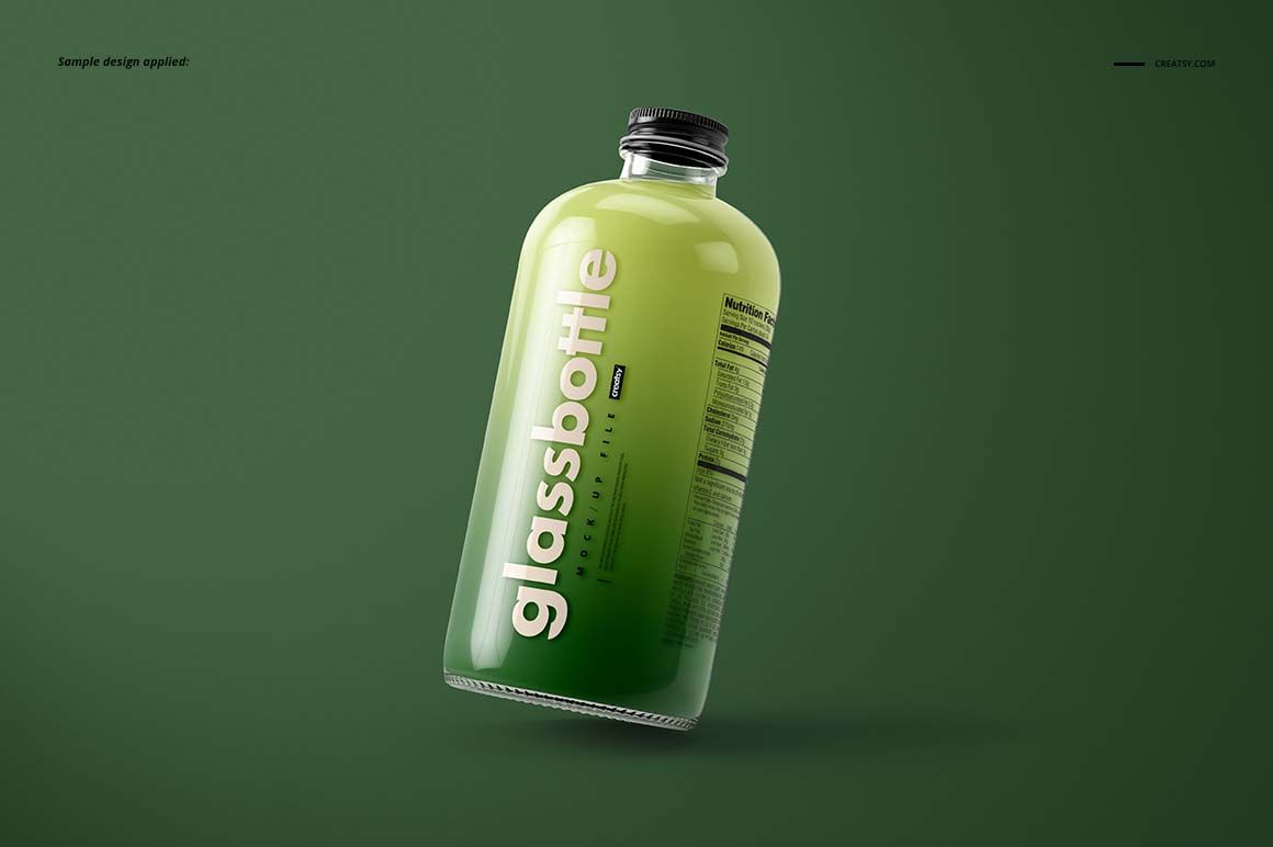 Angled glass bottle mockup with a black screw cap and green gradient label, set against a solid green backdrop.