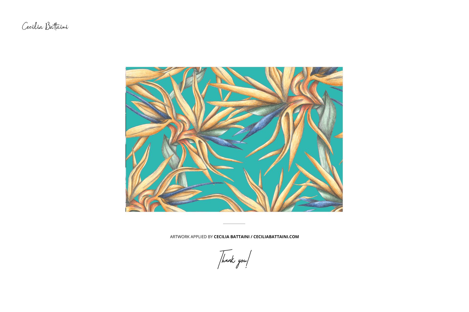 Rectangular pattern with yellow bird of paradise flowers and green leaves on a turquoise background, flat lay view.