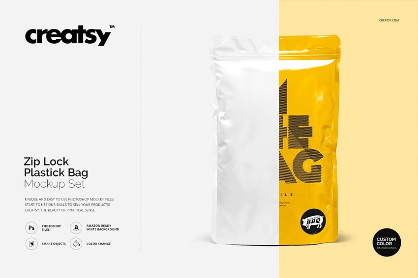 PSD mockup of a zip lock packaging bag featuring a split yellow and white color scheme, shown from the front.
