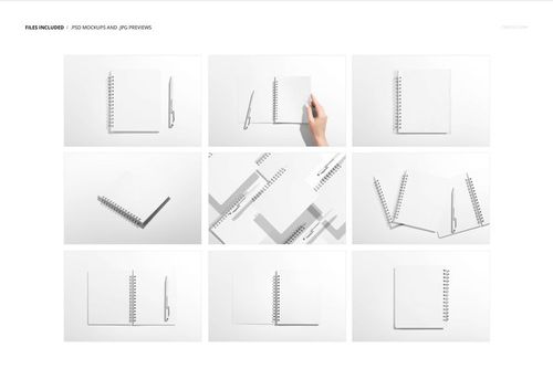 Nine mockup scenes of small spiral notebooks on a clean white surface, featuring pens and different perspectives.