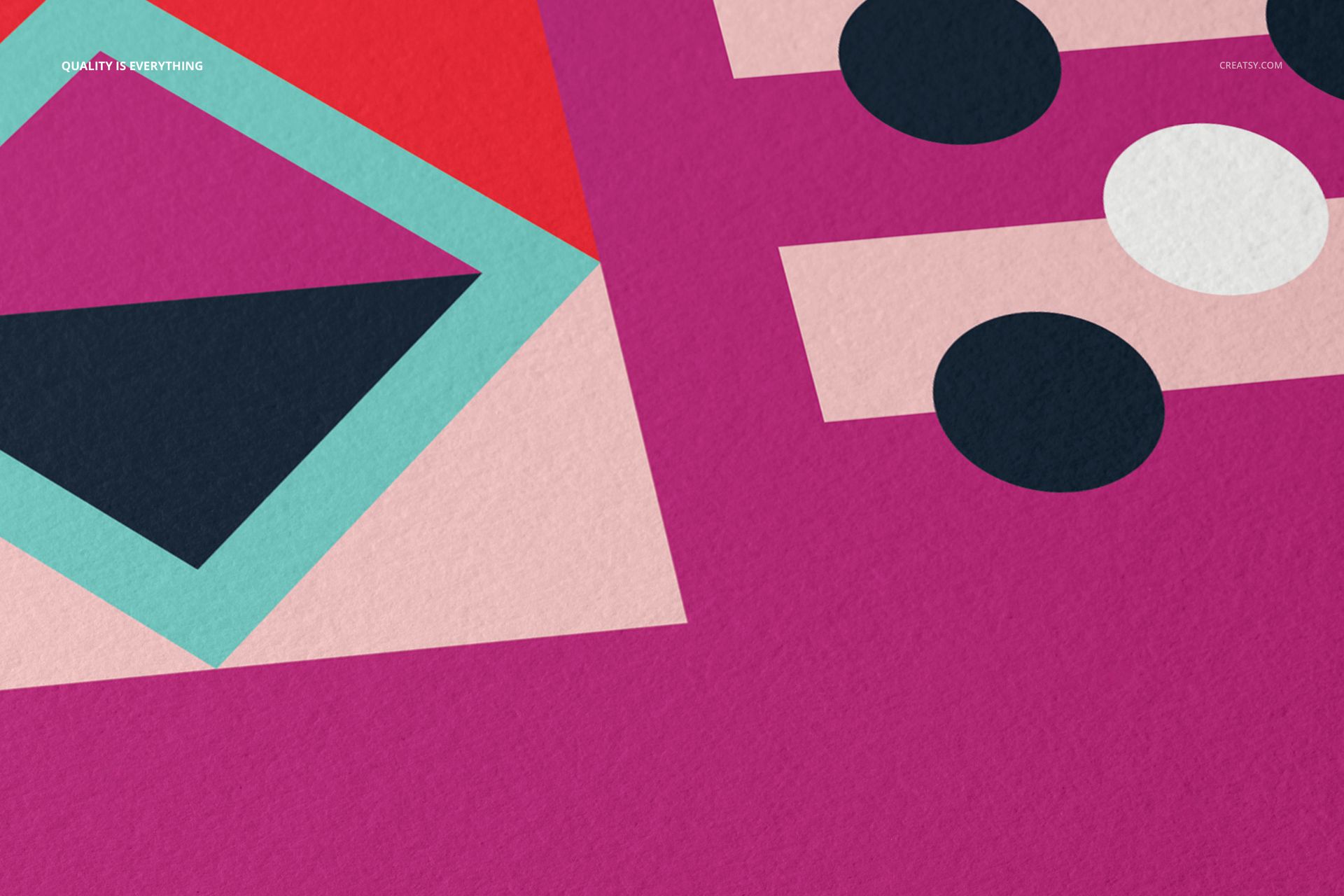 Close-up view of a fine art print mockup featuring geometric shapes in pink, black, white, and teal colors.