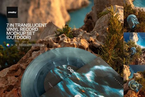 PSD mockup showing a 7-inch translucent vinyl record and cover placed on rugged rocks with scenic outdoor elements.