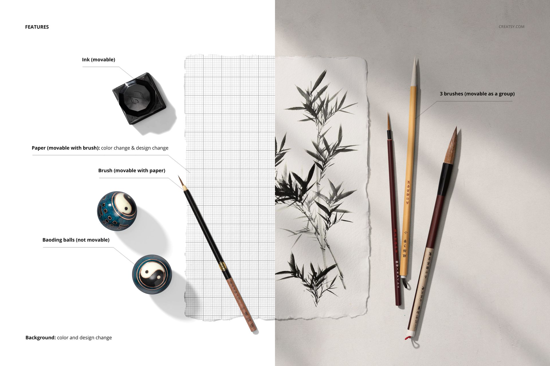Japanese calligraphy mockup showing ink, brushes, paper with bamboo painting, and beads on a split background.