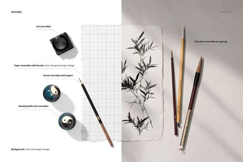 Japanese calligraphy mockup showing ink, brushes, paper with bamboo painting, and beads on a split background.