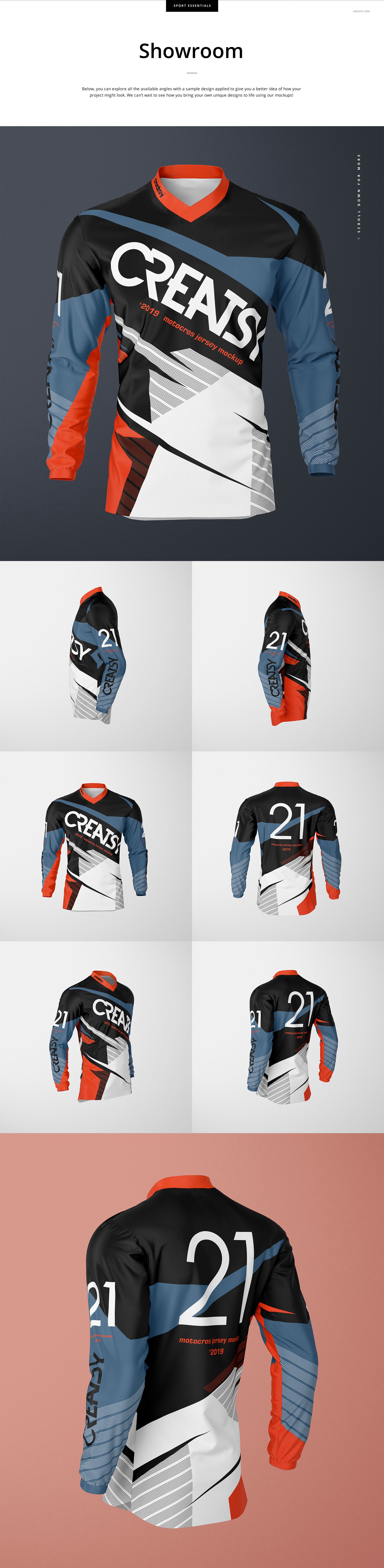 Motocross jersey mockup with geometric black, white, red, and blue pattern, shown from front and back views.