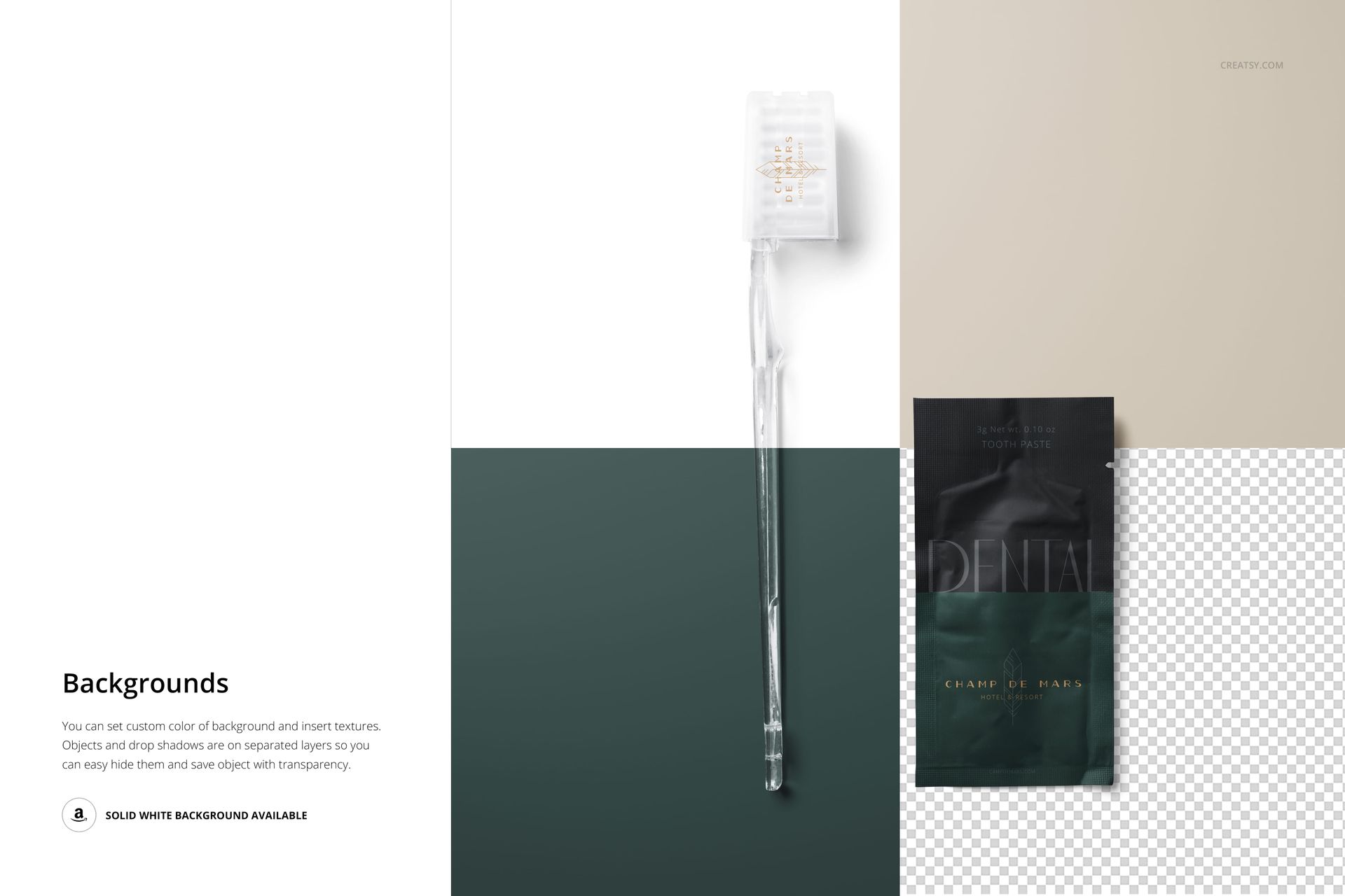 Hotel dental kit mockup featuring a clear toothbrush with cover and a black toothpaste sachet on color block background.