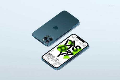 Two iPhone 12 Pro devices in blue shown on a light background, one displaying a mockup set screen, one face down.