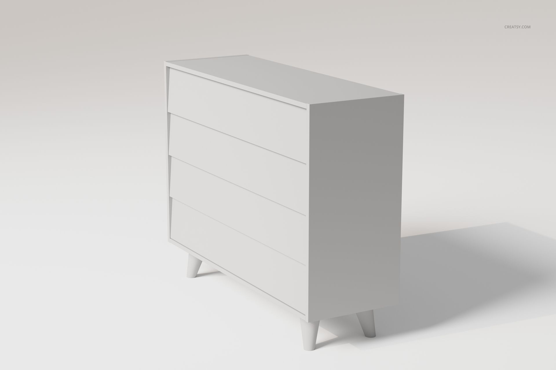 Mid-century modern dresser with four drawers, shown in a minimalist white finish, angled side view on a light background.