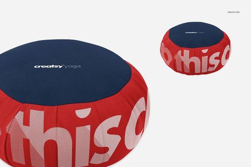 Meditation cushion mockup showing a circular shape, dark blue top, and bold red sides with white lettering detail.