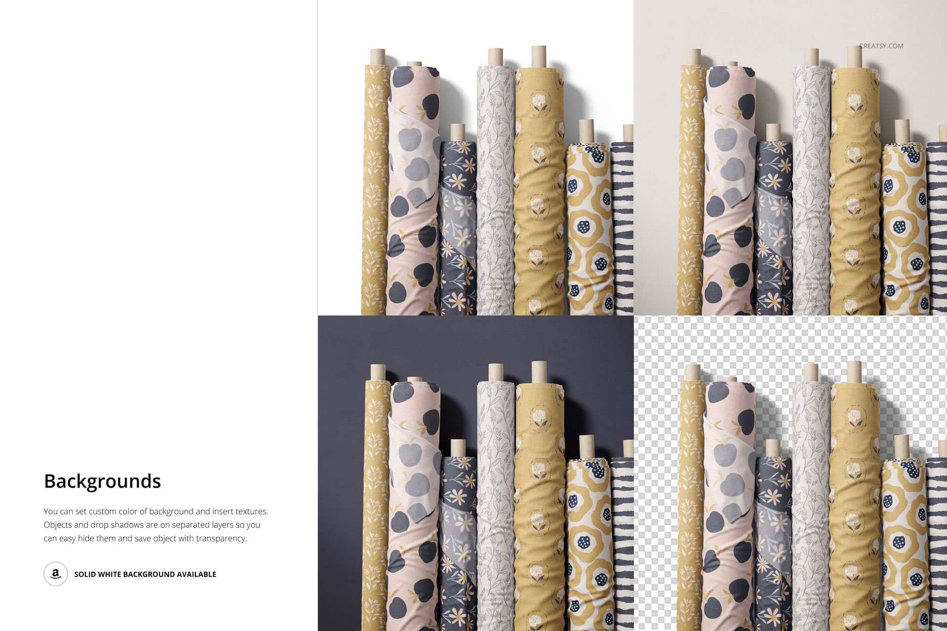 Front view of several fabric rolls in a PSD mockup, featuring assorted patterns and neutral tones on a flat surface.
