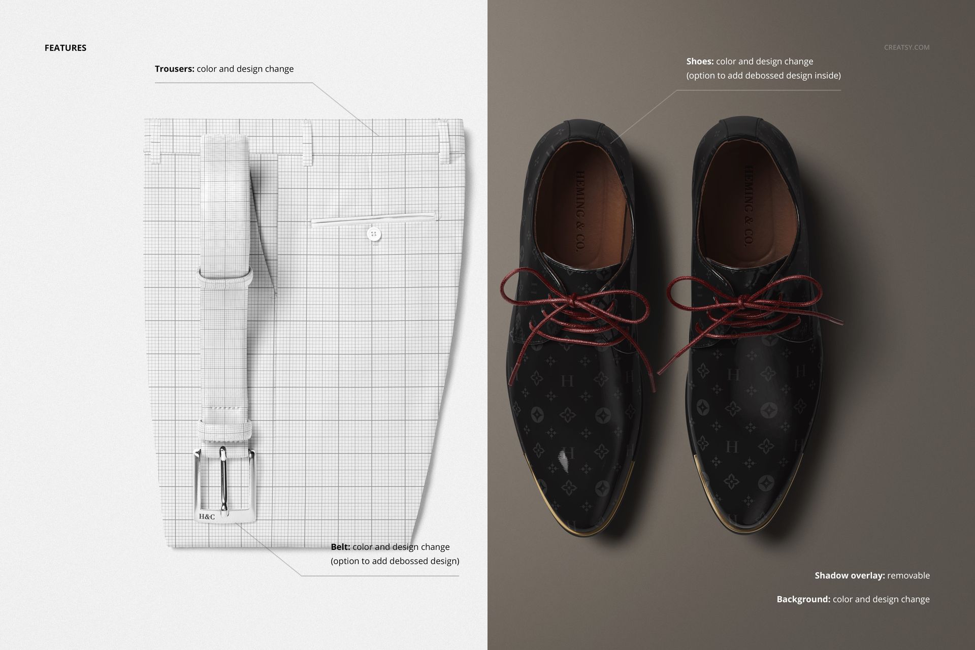 Mockup featuring folded men’s trousers with a matching leather belt and two black oxford shoes, viewed from above.