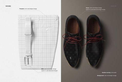 Mockup featuring folded men’s trousers with a matching leather belt and two black oxford shoes, viewed from above.